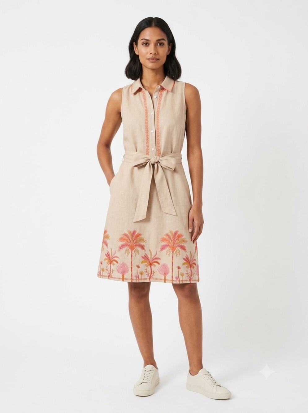 Spartina 449 Marianne Linen Shirt Dress Women's M Toasted Almond Palm Tree Boho